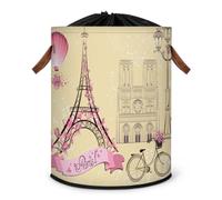 Grand panier à linge pliable en tissu avec couvercle à cordon de serrage Motif Paris Tour Eiffel Rose