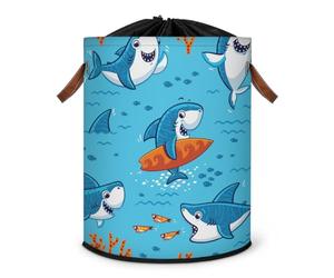Grand panier à linge pliable en tissu avec couvercle à cordon de serrage - Motif requin amusant