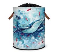 Grand panier à linge pliable motif baleine aquarelle avec couvercle à cordon de serrage pour chambre à coucher, salle de bain