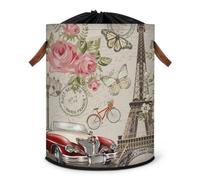 Grand panier à linge vintage Motif carte postale Paris Panier à linge pliable Panier à linge Panier de rangement en tissu avec couvercle à cordon de serrage