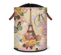 Grand panier à linge vintage Paris pour cartes postales - Panier de rangement pliable - Panier de rangement en tissu avec couvercle à cordon de serrage
