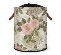 Grand panier à linge vintage rose pour journaux, panier à linge pliable, panier de rangement avec cordon de serrage pour chambre à coucher, salle de bain