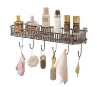 Grand panier de douche mural avec 5 crochets, étagère flottante élégante en acier inoxydable pour salle de bain et cuisine, rangement peu encombrant, design élégant noir fusil