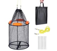 Grand panier de pêche flottant pliable pour poissons vivants, cage de rangement pliable en caoutchouc avec double crochet de 5 m de corde en nylon et 6 attaches de câble, 1 sac de rangement (33 x 33 x