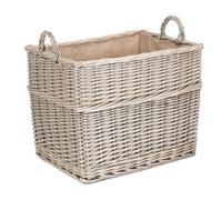 Grand panier de rangement rectangulaire pour bûches en osier doublé de toile de jute