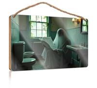 Grand panneau en bois avec fantôme lisant un journal dans une salle de bain hantée - Cadeau amusant pour la chasse (20 x 30 cm)
