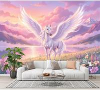 Grand Papier Peint Panoramique Cheval Blanc Montagne Fleurs Sauvages | Papier Peint Style Guérisseur Beau Onirique Pour Chambre, Décoration Murale Pour Salon, 250x175cm Poster Mural & Wallpaper