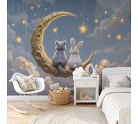 Grand Papier Peint Panoramique Croissant De Lune Nuages Chat Lapin | Papier Peint Animaux Guérisseurs À L'Aquarelle Pour Chambre, Décoration Murale Pour Salon, 400x280cm Poster Mural & Wallpaper