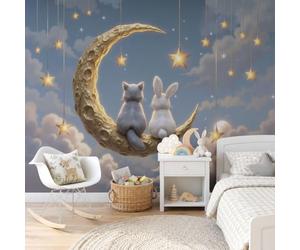 Grand Papier Peint Panoramique Croissant De Lune Nuages Chat Lapin | Papier Peint Animaux Guérisseurs À L'Aquarelle Pour Chambre, Décoration Murale Pour Salon, 400x280cm Poster Mural & Wallpaper
