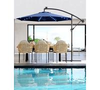 Grand parasol cantilever de 3 m avec lampes solaires pour 2 à 6 personnes, design décalé avec inclinaison infinie et manivelle, résistant à la décoloration, grand parasol de patio pour terrasse