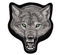 Grand patch dorsal loup aux yeux verts - 20,2 x 22,5 cm - Écusson brodé pour motards, écussons dorsaux XXL - Patch pour vestes de moto, carottes, gilets en cuir - Broderie de qualité supérieure