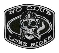 Grand Patch Motard à Coudre Tête de Mort Écusson Thermocollant Skull Biker No Club Lone Rider applique brodé crane à thermocoller transfert à coller au fer repasser ou coudre t-shirt vêtement 9,8x11cm