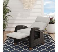 Grand patio Chaise longue de détente avec coussin d’assise, fauteuil de jardin, dossier réglable en rotin, chaise longue pour intérieur et extérieur, couleur crème et rotin gris