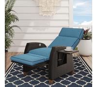 Grand patio Chaise longue inclinable à position réglable avec table rabattable et coussin pour jardin, cour, terrasse, extérieur - Coussin bleu paon et osier marron