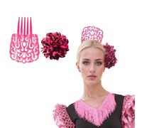 Grand peigne flamant rose avec fleur pour les cheveux pour femme - Set 2 pièces, accessoires traditionnels pour foire d'avril, costume de Séville et fêtes andalouses (rose noir)