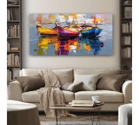 Grand Peinture à l'huile Bateau Tableau Decoration Murale Salon Nautique Voilier Impression sur Toile 70x140 cm Cadre Peinture sur Toile pour Chambre Bureau Horizontal Poster Mural Prêt à Accrocher