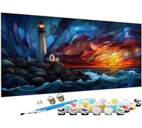 Grand Peinture par Numero phare Motif Vagues l'océan Peinture Numero Adulte Activite Manuelle,DIY Paint by Numéro Enfant Kit de Peinture à l'huile Grand 80x160 cm,Decoration Murale,Cadeau Femme J3-449