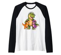 Grand-père Dinosaure avec Deux bébés Dinosaures Mignon Famille T Rex Art Manche Raglan