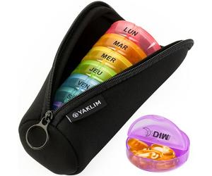 Grand pilulier hebdomadaire 7 jours 2 fois par jour avec étui en néoprène à fermeture éclair - XL - 7 jours - Rond - Pour le quotidien - AM et PM - Pour supplément de vitamines (noir)