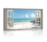 Grand Plage Vue 3D Fenêtre Effet Tableau Decoration Murale Avec Bleu Littoral Paysage Impression Sur Toile Naturel Paysage Peinture Sur Toile Maison Décoration pour Salon Chambre Cuisine 50X100cm