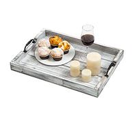 Grand plateau de service rustique vintage en bois avec poignées en métal découpées (50,8 cm) Grand plateau de service décoratif pour petit déjeuner au lit, ottoman, table basse, barbecue, fête (gris