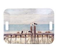Grand plateau rectangulaire bleu mouettes sur le quai