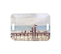 Grand plateau rectangulaire bleu mouettes sur le quai