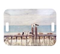Grand plateau rectangulaire bleu mouettes sur le quai
