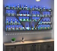 Grand Porte Bouteille Mural Industriel Pour Bar,Avec Lumière LED,Etagere A Vin Murale,Casier À Vin Et Porte-Verre,Range Bouteille,Étagère De Rangement,Porte-Bouteilles(4-layer Black,300*20*123cm)