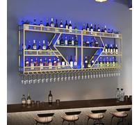 Grand Porte Bouteille Mural Industriel Pour Bar,Avec Lumière LED,Etagere A Vin Murale,Casier À Vin Et Porte-Verre,Range Bouteille,Étagère De Rangement,Porte-Bouteilles(3-layer Gold,200*20*86cm)
