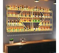 Grand Porte Bouteille Mural Industriel Pour Bar,Avec Lumière LED,Etagere A Vin Murale,Casier À Vin Et Porte-Verre,Range Bouteille,Étagère De Rangement,Porte-Bouteilles(4-layer Gold,180*20*123cm)