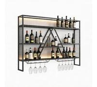 Grand porte-bouteilles mural avec éclairage LED, étagères industrielles en barre de fer avec support à verres à vin pour bouteilles d'alcool et verres, adapté pour bar à domicile(Black,140cm/55.1in)