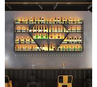 Grand Porte Bouteilles Mural,Avec Lumière LED,Etagere Murale Industriel,Casier À Vin Et Porte-Verre,Étagère De Rangement,Casier À Bouteilles,Range Bouteille Pour Bar(4-layer Black,240*20*123cm)