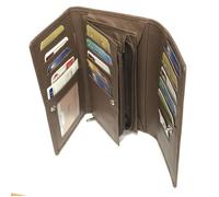 Grand porte monnaie femme cuir véritable spacieux compagnon, portefeuille 14 cartes, billet, monnaie, identité -Taupe foncé-LOLUNA®