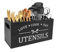 Grand porte-ustensiles de cuisine rustique en bois avec 4 compartiments et fond de drainage - Organiseur de couverts de ferme - Noir