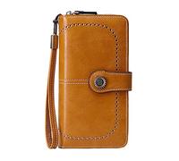 Grand portefeuille pour femme avec compartiment pour téléphone portable en cuir ciré européen et américain de grande capacité Portefeuille homme Grand passeport, jaune, Taille unique