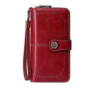 Grand portefeuille pour femme avec compartiment pour téléphone portable en cuir ciré européen et américain de grande capacité Portefeuille homme Grand passeport, rouge, Taille unique