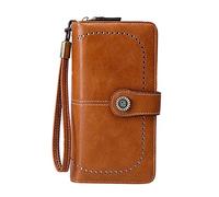 Grand portefeuille pour femme avec compartiment pour téléphone portable en cuir ciré européen et américain de grande capacité Portefeuille homme Grand passeport, marron, Taille unique