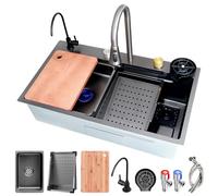 Grand poste de travail d'évier de cuisine en acier inoxydable doré de qualité supérieure - Robinet rétractable encastrable et sous-monté - Panier de vidange et kit de déchets - Design noir moderne