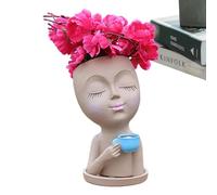 Grand pot de fleurs avec tête - Pot de fleurs pour boire du café - Avec trou de drainage, yeux fermés, pot de fleurs en résine pour orchidées, plantes succulentes