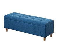 Grand pouf de rangement pliable bleu avec couvercle à charnière et pieds en bois massif et tissu de lin - Tabouret à langer polyvalent pour chambre à coucher, salon et canapé (90 cm)