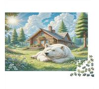 Grand Pyrénéen Carton Rigide Ours Blanc allongé sur l’Herbe près d’Une cabane en rondins Puzzle Classique Anti-Ennui interactif 70x50cm/1000 pièces