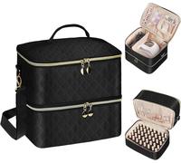 Grand Rangement Vernis A Ongle,Couche Double Trousse Maquillage Accessoires,Malette Onglerie Organisateur 40 Bouteille(15ml) & Lampe À Ongles,Materiel Onglerie Professionnel-Noir