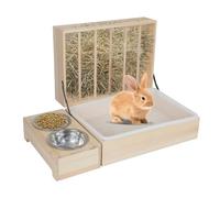Grand râtelier à foin multifonction avec toilettes, râtelier à foin en bois, râtelier à foin, avec abreuvoir et gamelle, convient pour lapins, cochons d'Inde, hamsters, petits animaux (2 en 1)