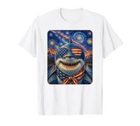 Grand Requin Blanc Portant des Lunettes Drapeau américain T-Shirt Graphique avec Valeur, Homme, Blanc, L