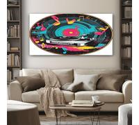 Grand Rétro Tourne disque Tableau Decoration Murale Salon Musique Disque Vinyle Impression sur Toile 70x140 cm Peinture sur Toile Sans Cadre pour Chambre Cuisine Bureau Horizontal Poster Mural