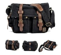 Grand sac à bandoulière vintage en cuir véritable et toile pour randonnée, camping, voyage, ordinateur portable, Noir , L: 35 cm/13.8 inches, W: 12 cm/4.7 inches, H: 28 cm/11 inches