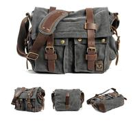 Grand sac à bandoulière vintage en cuir véritable et toile pour randonnée, camping, voyage, ordinateur portable, gris, L: 35 cm/13.8 inches, W: 12 cm/4.7 inches, H: 28 cm/11 inches