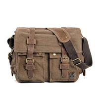 Grand sac à bandoulière vintage en toile et cuir véritable pour randonnée, camping, voyage, café, L: 35 cm/13.8 inches, W: 12 cm/4.7 inches, H: 28 cm/11 inches