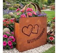 Grand sac à main patiné 32 x 37 cm - Avec 2 cœurs rouillés - Pot de fleurs - Photophore - Décoration de jardin
